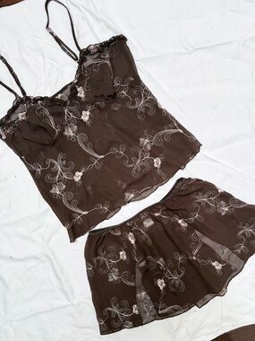 Mesh coquette floral embroidered camisole and split mini skirt matching set